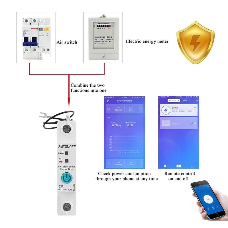 1P 63A eWelink Single Phase Din Rail WIFI Smart Switch Energy Meter Leakage Protection Remote Read K