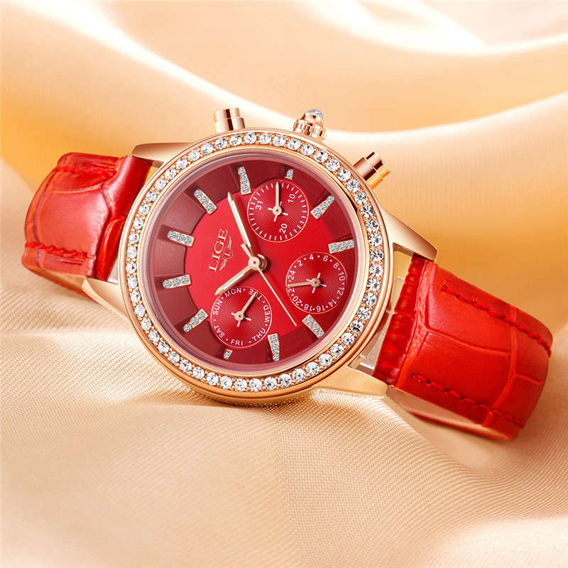 New LIGE 9812 Elegant Design Date Display Ladies Wrist Watch Diamonds Leather Ba