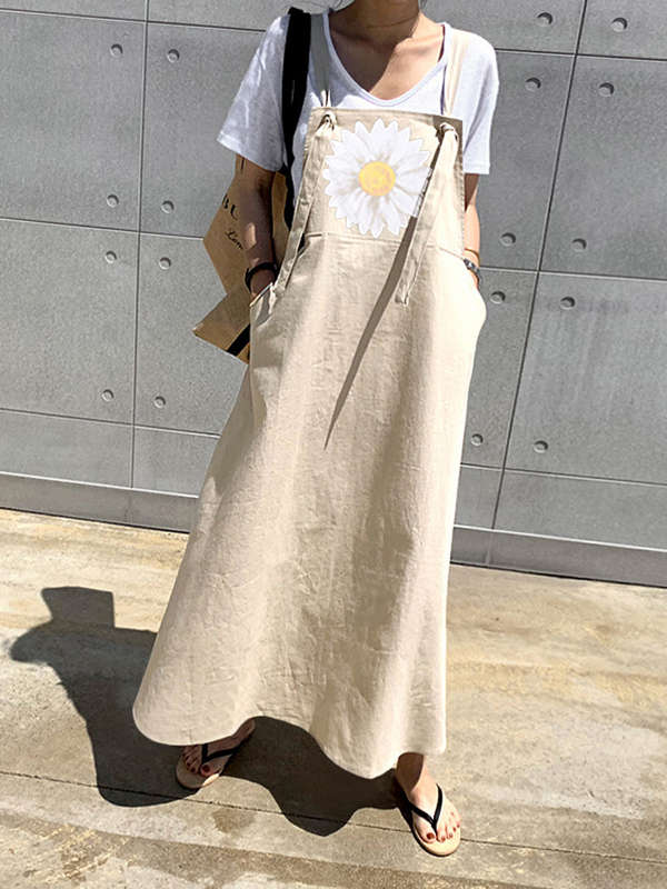 Small Daisies Print Adjustable Strap Casual Loose A-line Maxi Dress with Pocket (Size S Color Khaki)