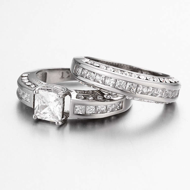 2 Pcs/set Classic Cubic Zirconia Womens Ring Bridal Wedding Platinum Band Finger Rings for Women
