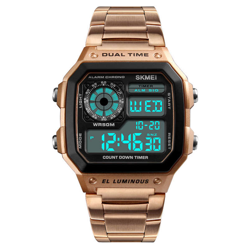 SKMEI 1335 Digital Watch Men Chronograph Alarm Watch Fashion Style Stainless Steel (Color Rose Gold)