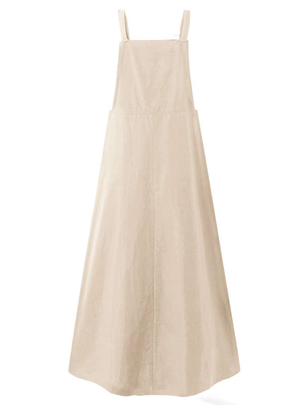 Small Daisies Print Adjustable Strap Casual Loose A-line Maxi Dress with Pocket (Size S Color Khaki)