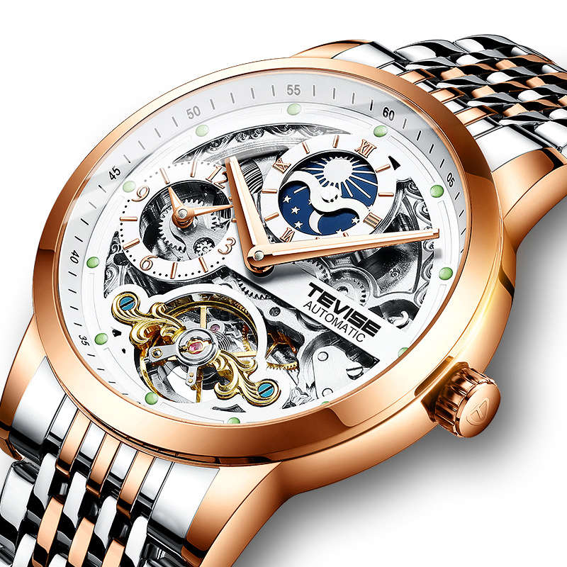 TEVISE T874 Full Steel Waterproof Automatic Mechanical Watch Moon Phase Calendar Men Watch