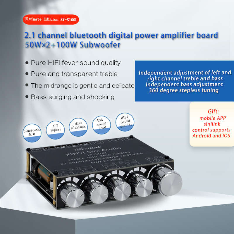 XY-S100L TPA3116D2 bluetooth 5.0 Subwoofer Amplifier Board 50WX2+100W 2.1 Channel Power Audio Stereo