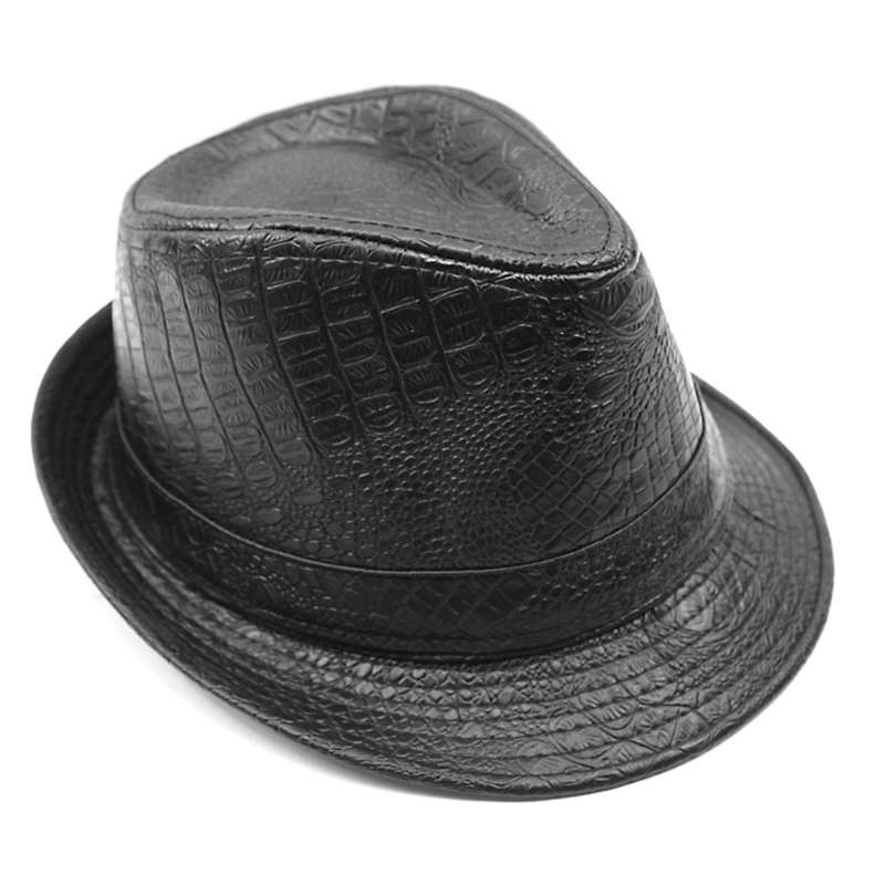 Mens PU Leather Crocodile Pattern Jazz Hat Outdoor Middle-aged Wide Brimmed Fedora Hat (Color Black)