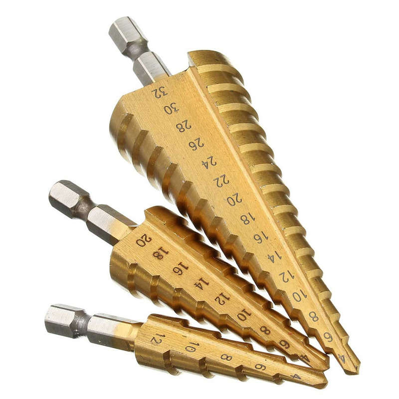Drillpro 3pcs 4-12/20/32mm HSS Titanium Step Cone Drill Bit Hex Shank Hole Cutter