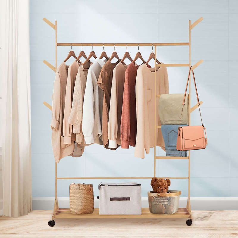 Movable Coat Rack Shoes Rack Wooden Clothing Hanging Rack Bamboo Garment Clothe