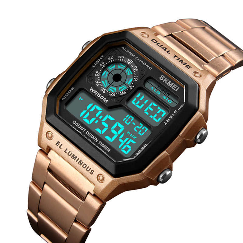 SKMEI 1335 Digital Watch Men Chronograph Alarm Watch Fashion Style Stainless Steel (Color Rose Gold)