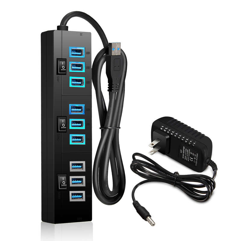10 Port Usb Hub 9 Port Usb3.0 Data Hub + 1 Smart Charging Port With On/Off Switches Power Adapter 5V