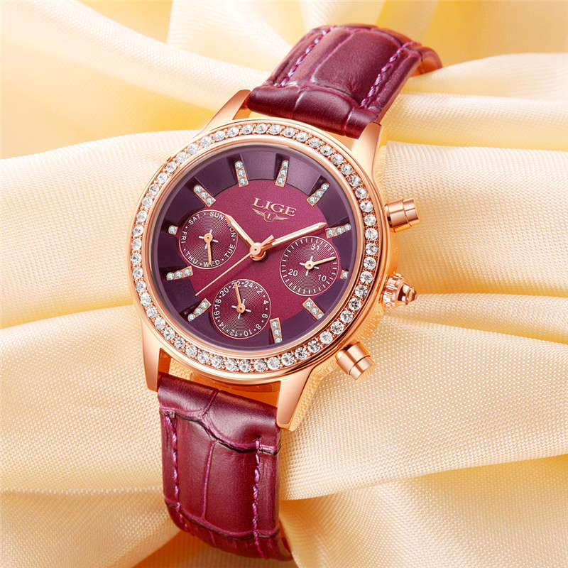New LIGE 9812 Elegant Design Date Display Ladies Wrist Watch Diamonds Leather Ba