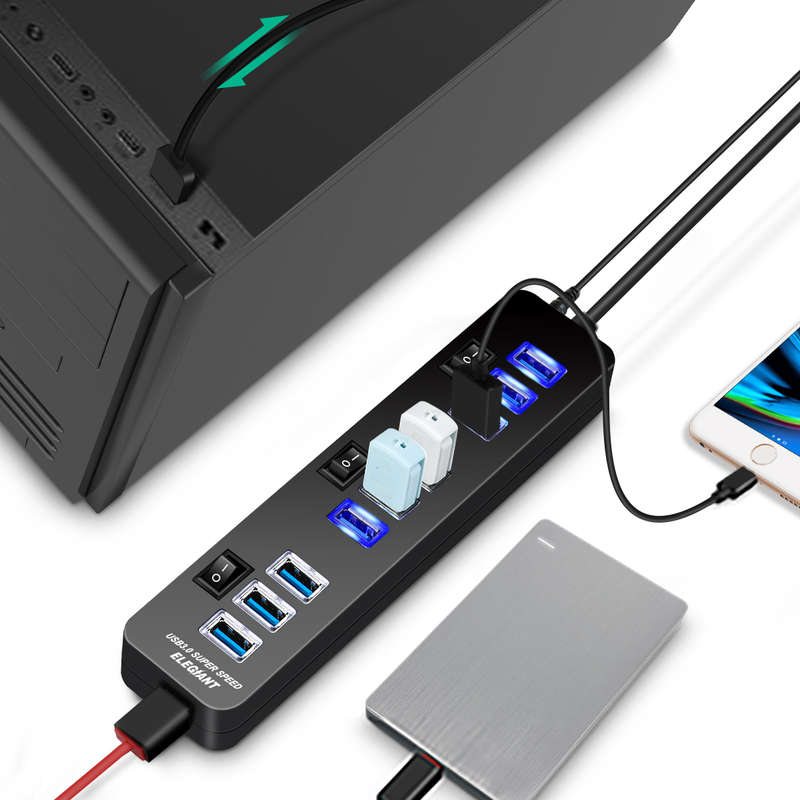 10 Port Usb Hub 9 Port Usb3.0 Data Hub + 1 Smart Charging Port With On/Off Switches Power Adapter 5V