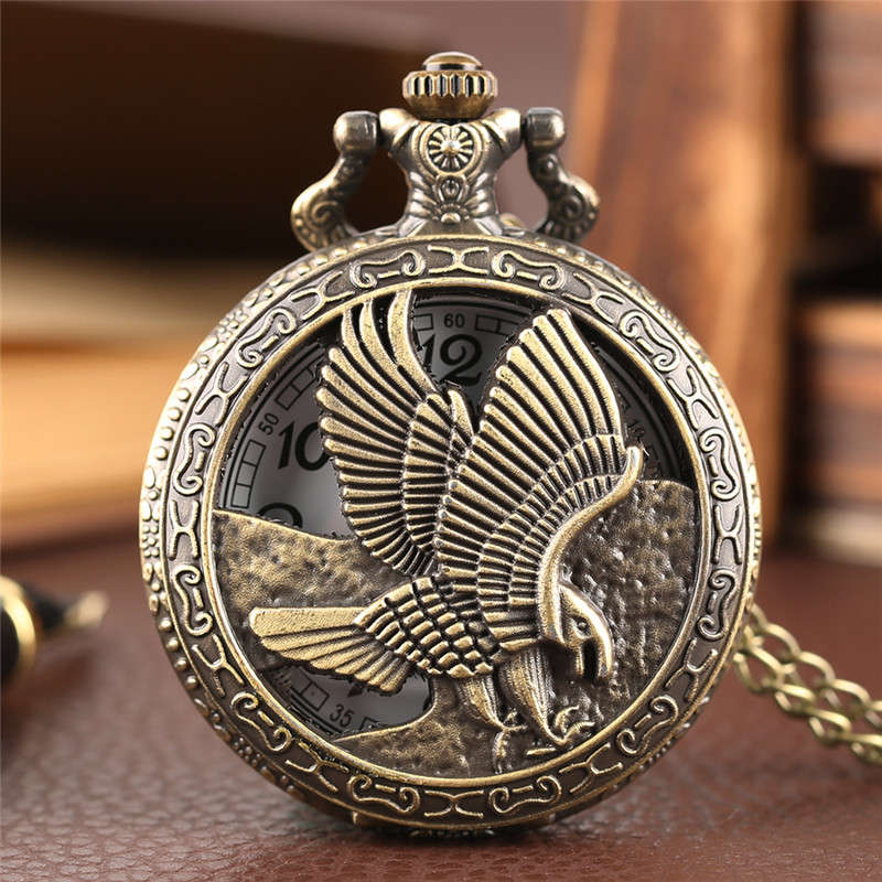 DEFFRUN Vintage bronze Eagle Wings Pattern Pocket Watch Necklace Digital Dial Quartz Pocket Watch