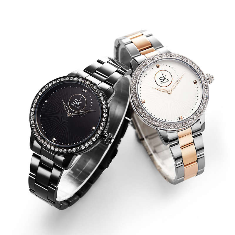 SHENGKE SK K0111 Full Steel Fashion Women Crystal Case Simple Needle Ladies Dress Quartz Watch