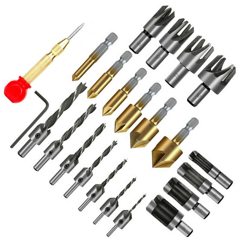 Drillpro 23Pcs Woodworking Chamfer Countersink Drill Bit 6pcs 1/4 Inch Hex 5 Flute 90 Degree Counter