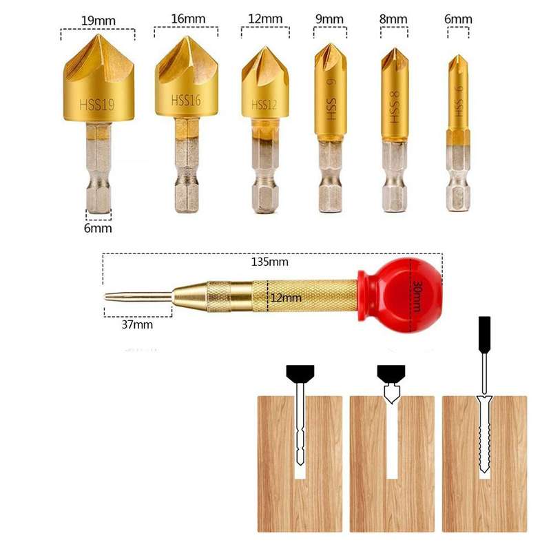 Drillpro 23Pcs Woodworking Chamfer Countersink Drill Bit 6pcs 1/4 Inch Hex 5 Flute 90 Degree Counter
