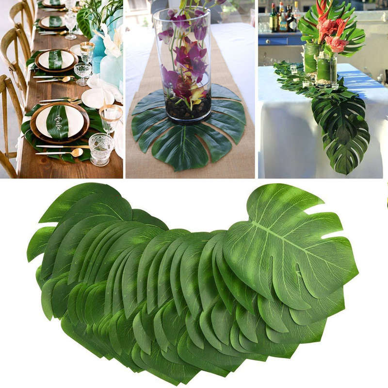 60Pcs Tropical Artificial Palm Leaves Hawaiian Hibiscus Flowers Wedding Birthday Party Decoration Ta