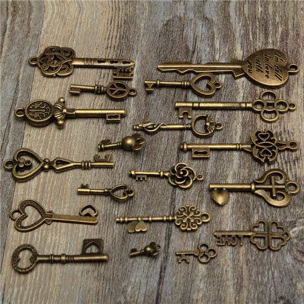 19pc Antique Vintage Old Look Skeleton Key Set Lot Pendant Heart Bow Lock Steampunk Jewel