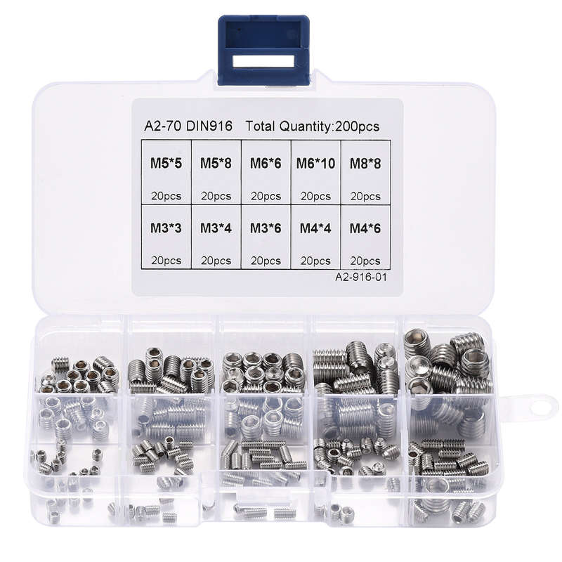 200pcs 304 Stainless Steel Set Screw M3 M4 M5 M6 M8 Allen Head Socket Hex Grub Screw Set Cup Point A