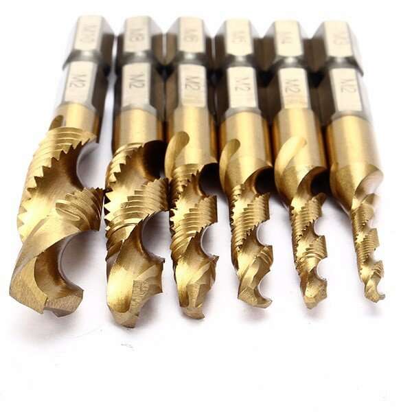 Drillpro 6pcs HSS 6542 M3-M10 Combination Drill Titanium Coated Tap Bit Set 1/4 Inch Hexagon Metric