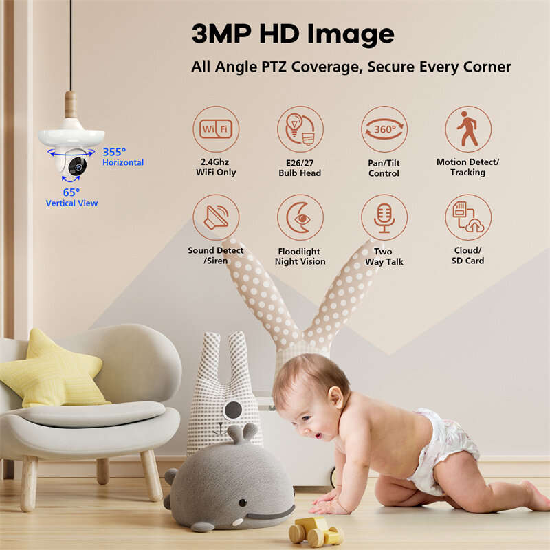 Guudgo Tuya 3MP WiFi Blub Camera Wireless PTZ IP Cam Color Night Vision Motion Detection Two-way Tal
