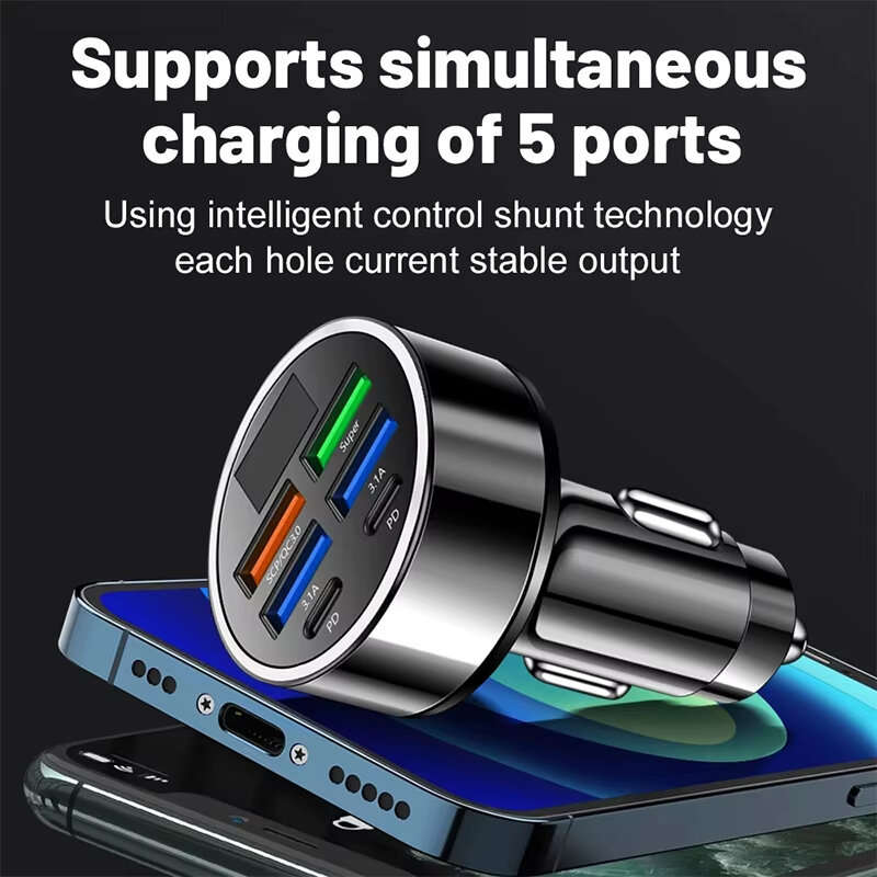 100W 6-Port USB PD Car Charger Adapter 4USB-A+2USB-C PD QC3.0 Support FCP VOOC Fast Charging with Bl