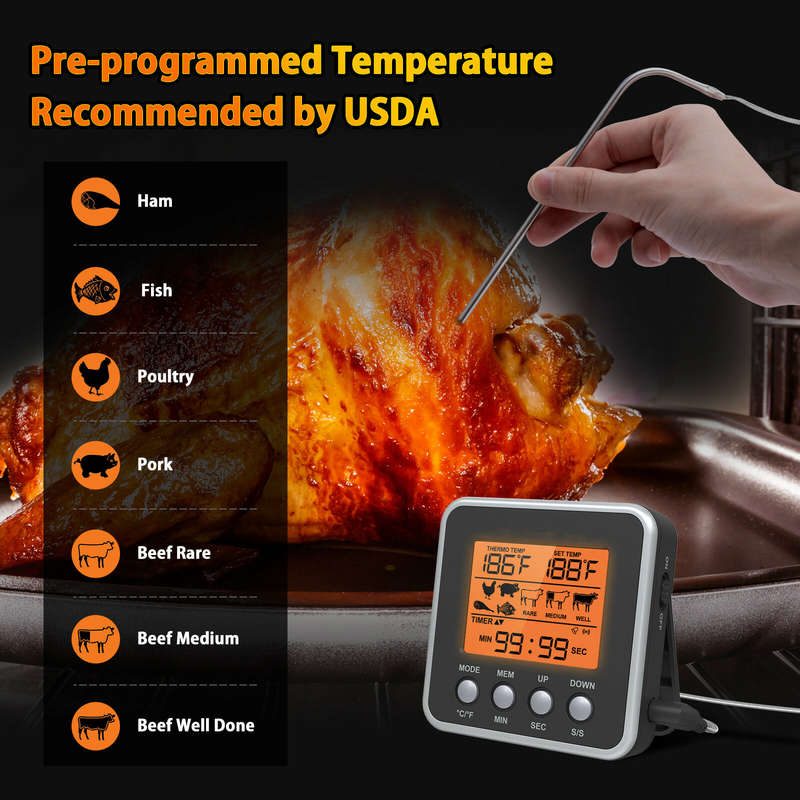AGSIVO Digital Food Oven Meat Thermometer With Probe Timer Alert Backlight Outdoor Grill Cook Barbec