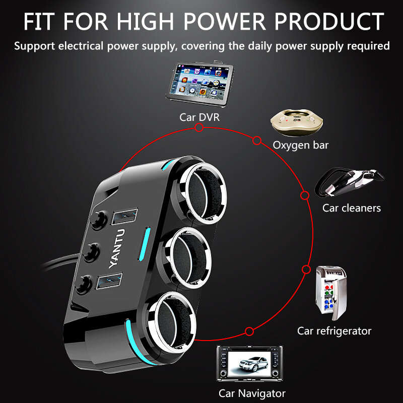 YANTU 12V-24V Car Charger Charging Port 3.1A QC3.0 Fast Charger Car Power Socket With 3 Charging Cab