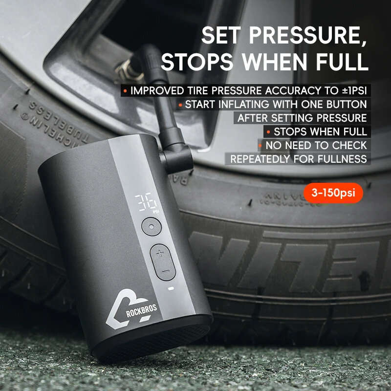 ROCKBROS Mini Electric Bike Air Pump 150PSI 5000mAh Type-C Rechargeable LED Digital Display Portable
