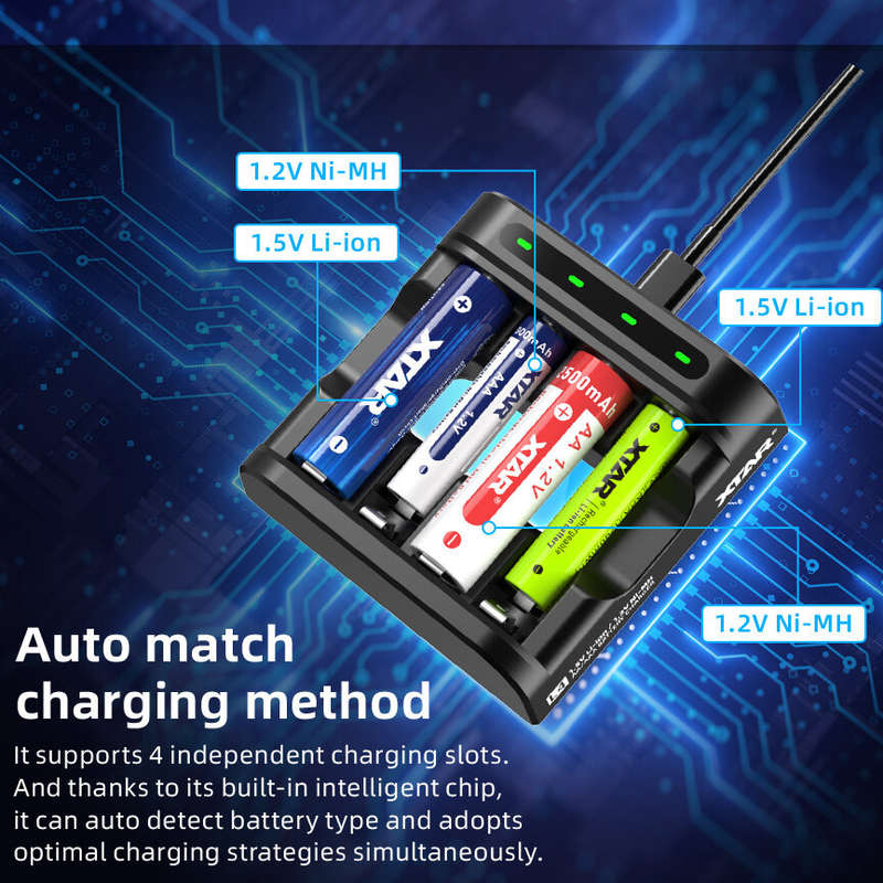 XTAR L4 AAA AA Battery Charger 4 Slots Intelligent LED Indicator Fast Charging USB Flashlight Charge