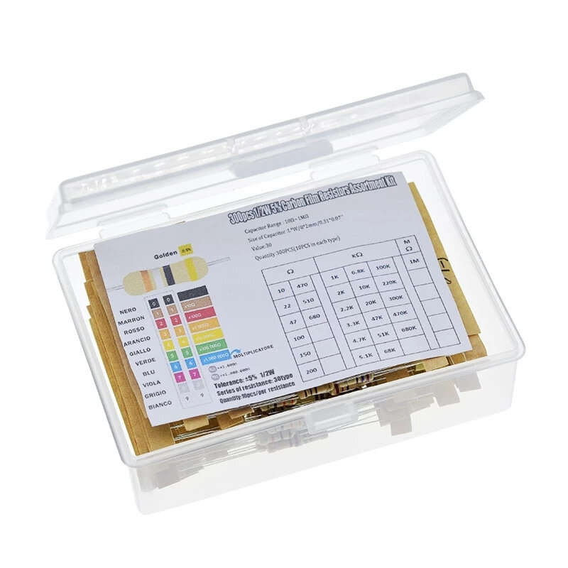 300PCS 30 Values Film Resistors Package 1/2W 5% 10R-1M Carbon Film Metal Resistors Assortment Kit Se