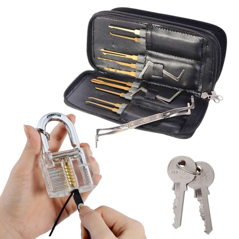 DANIU 24pcs Single Hook Lock Pick Set with 1Pc Transparent Lock Locksmith Practice Training Skill Se