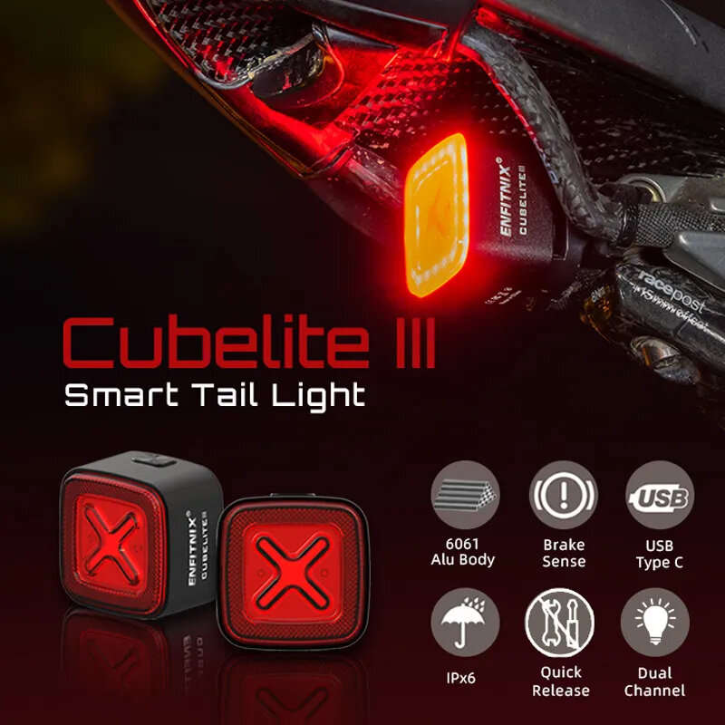 Enfitnix Cubelite III Smart Bike Taillight Brake Sense 400mAh Battery 4 Light Modes USB-C Rechargeab
