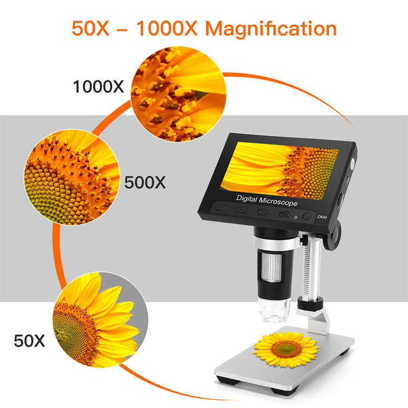 DM4 1000X Digital Microscope 4.3" HD LCD with 32GB Card Metal Bracket Magnifying Loupe Camera Lens 2