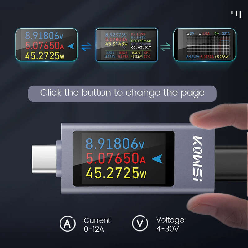 KWS-2303C DC 4-30A 0-12A Multifunctional Digital Display Type-C Tester 1.06 inch TFT Color Screen Vo