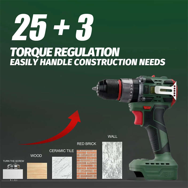 20V Impact Electric Drill Dual Speed Brushless Lithium Battery 25+3 Torque Multifunction High Power