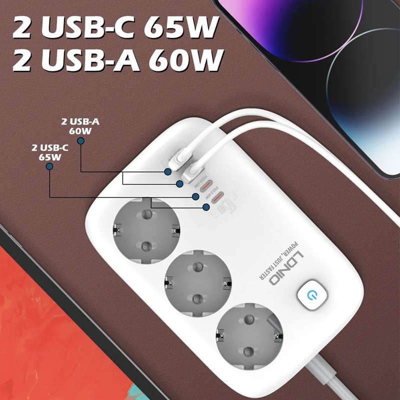 [GaN Tech] LDNIO 3250W 7-Port Power Strip 2USB-A+2USB-C+3 Socket PD QC3.0 Fast Charging Desktop Char