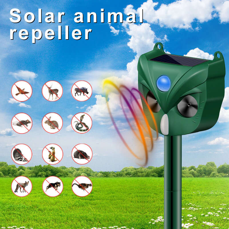AGSIVO Solar Animal Repeller Ultrasonic Animal Repellent with PIR Motion Sensor and LED Flash Light