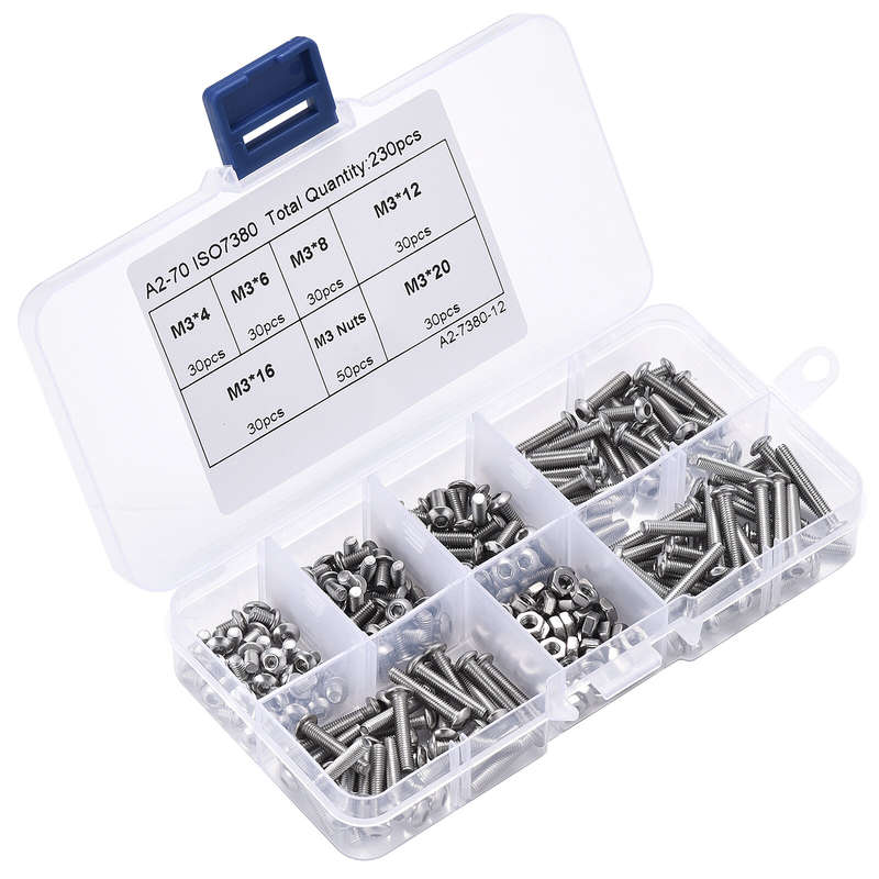 230pcs M3 304 Stainless Steel Allen Hex Drive Button Head Socket Cap Bolts Screws Nuts Assortment Ki