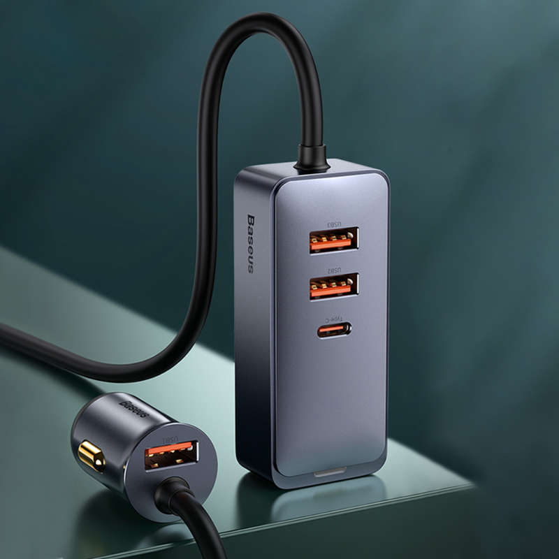 Baseus 120W PPS Multi-Port Fast Charging Car Charger With Extension Cord 3U+1C Gray
