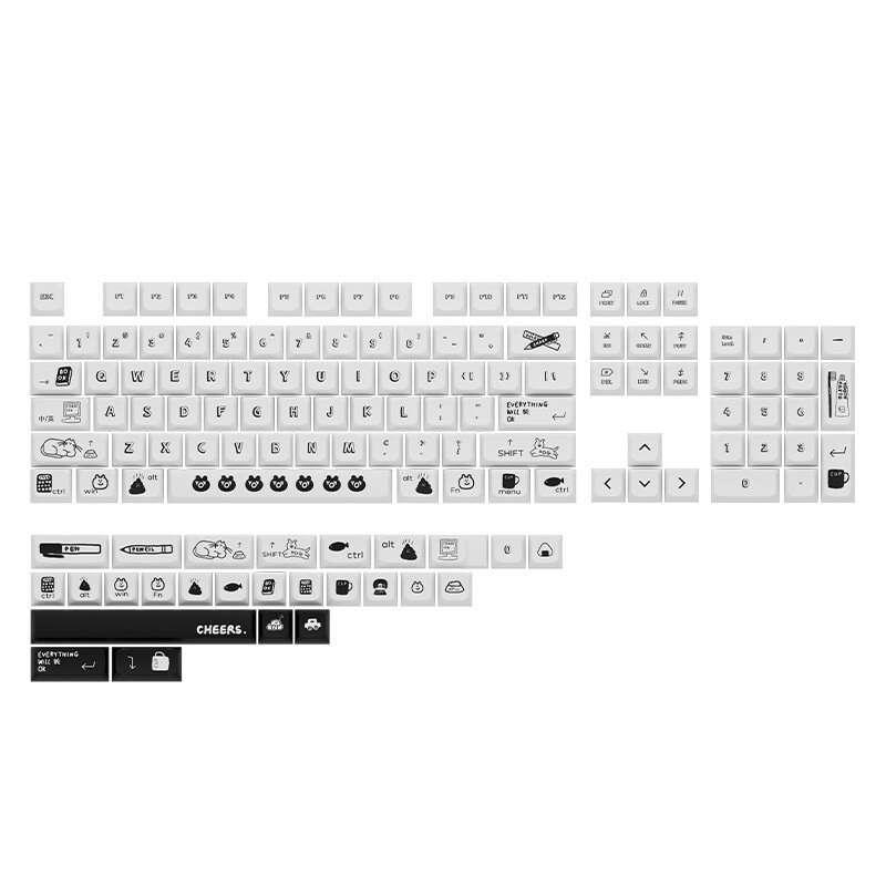 130 Keys Black Cartoon PBT Keycap Set XDA Profile Sublimation Custom Keycaps for Mechanical Keyboard