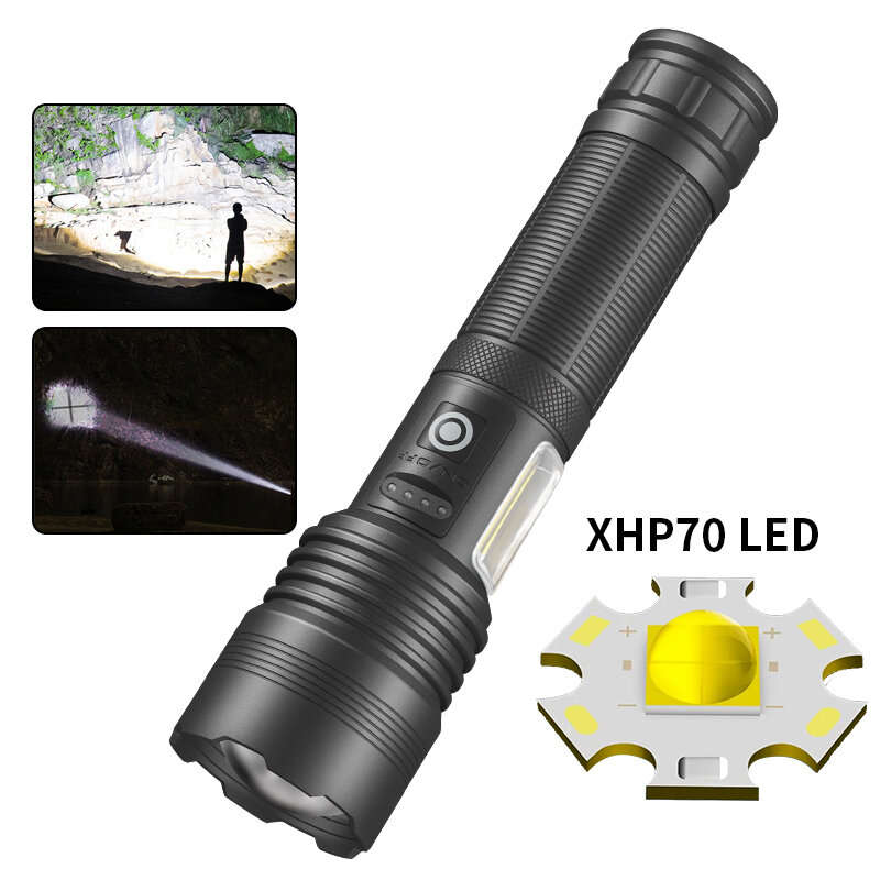 High Power XHP70 Rechargeable LED Flashlight Side Light COB Red And White Light Waterproof Torch Tel
