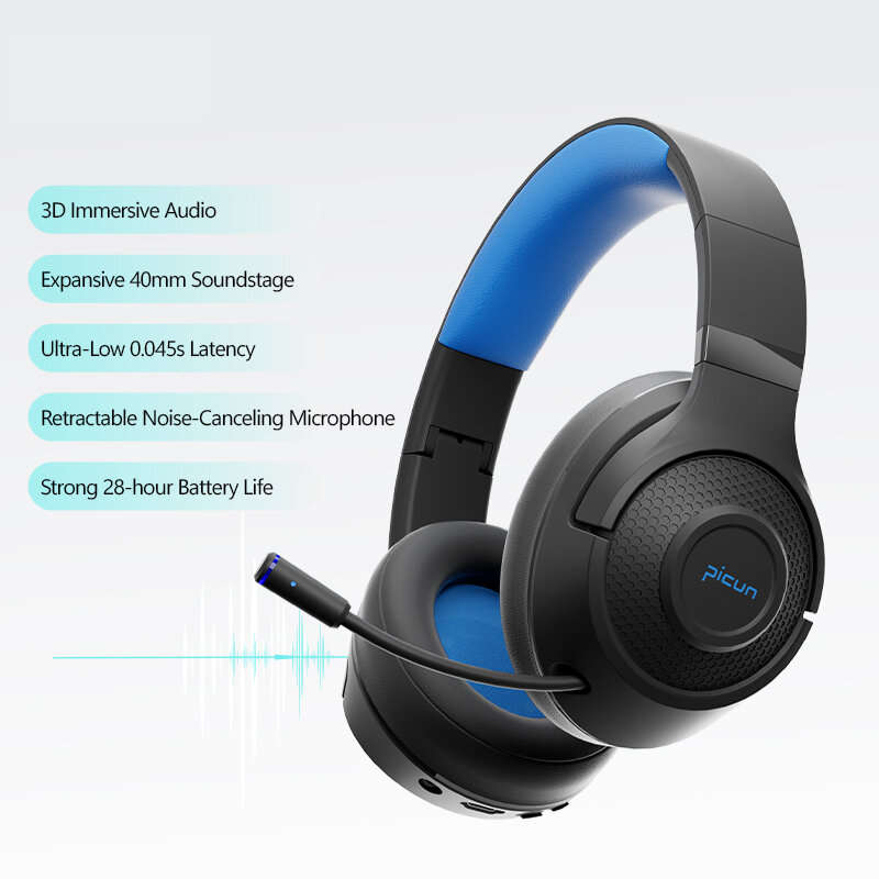 Picun BG-01 Wireless bluetooth 5.3 Headphone 40mm Dynamic 3D Subwoofer Low Latency Gaming Heaphone w