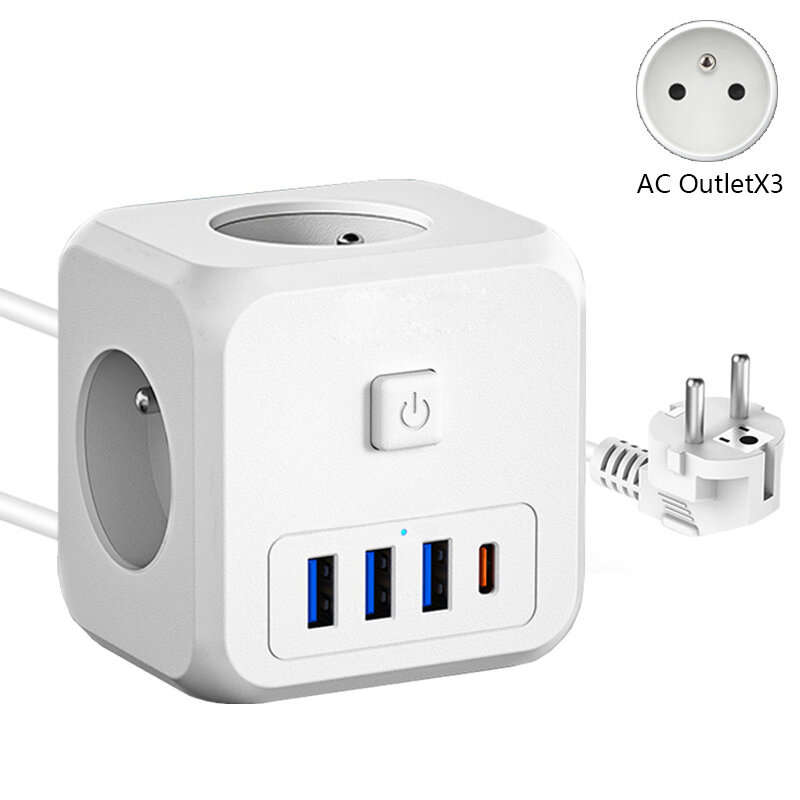 Essager 4000W 7-Port Power Strip with 3 AC Outlets+3 USB-A+USB-C Fast Charging Wall Charger Adapter