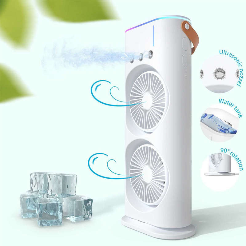 Smart Dual Fan Mist Cooler with Full Rotation and USB Rechargeable Multiple Speed Settings Ideal for