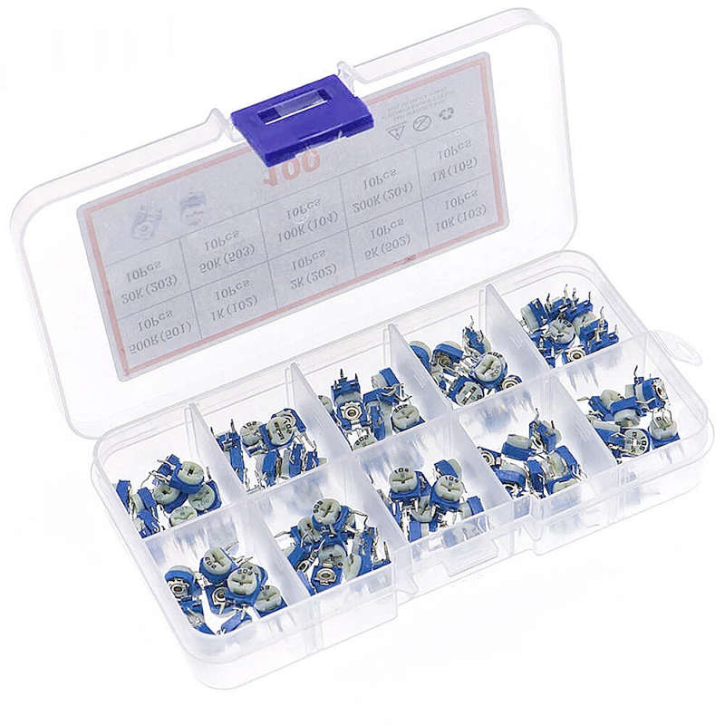 100pcs RM063 Trimmer Potentiometer Adjustable Resistor Kit 500R 1K 2K 5K 10K 20K 50K 100K 200K 1M Po