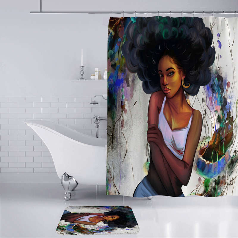 African Girl Shower Curtain Fabric Bathroom Curtains Set Non-slip Bath Mat Toilet Pad Carpet for Bat