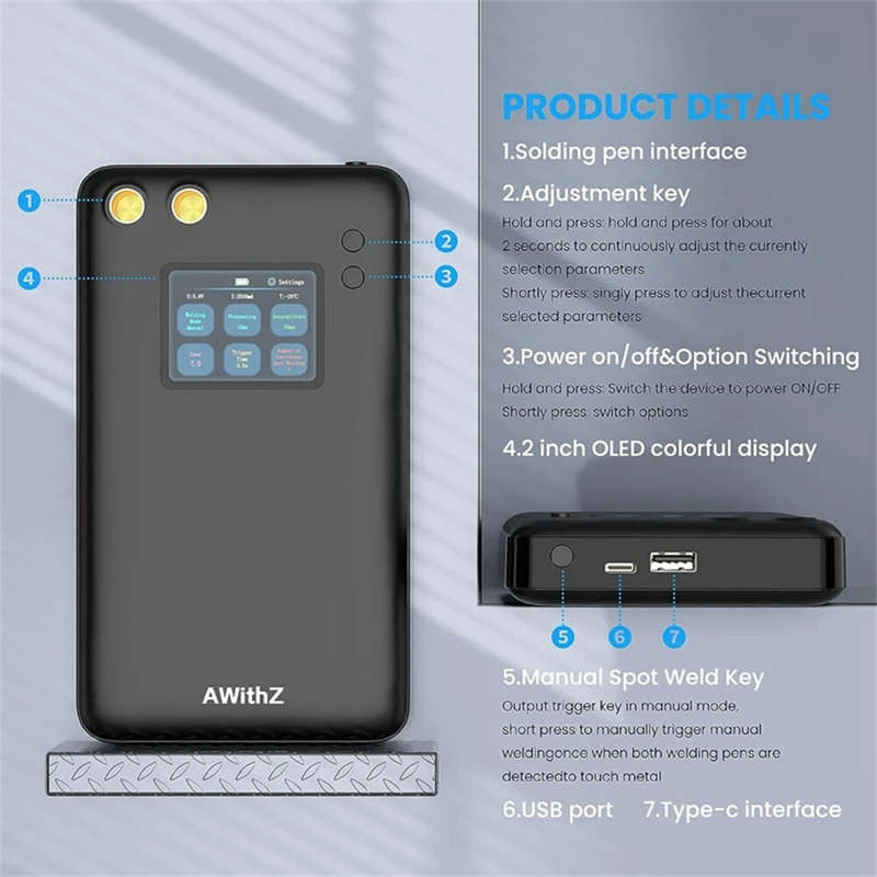AWithZ Spot Welder Portable High Capacity 7500mAh Battery 2-inch Large LCD Screen 90 Gear Output Pow