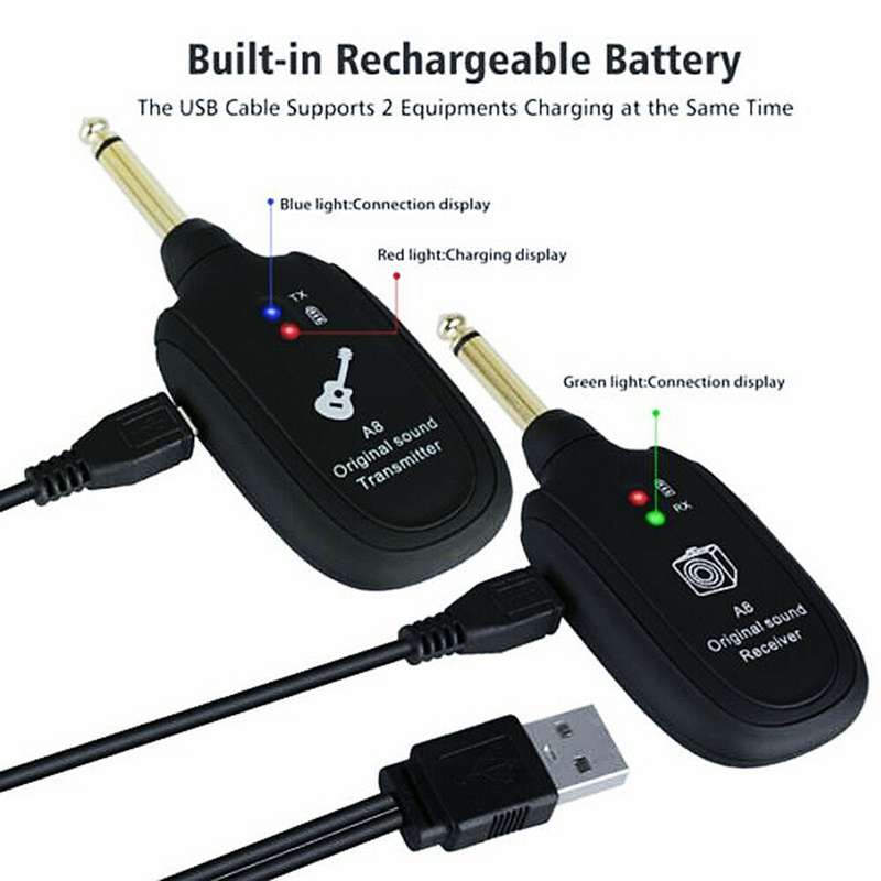 A8 4 Channels Guitar Pickup Wireless System Transmitter Receiver Built-In Rechargeable Lithium Batte
