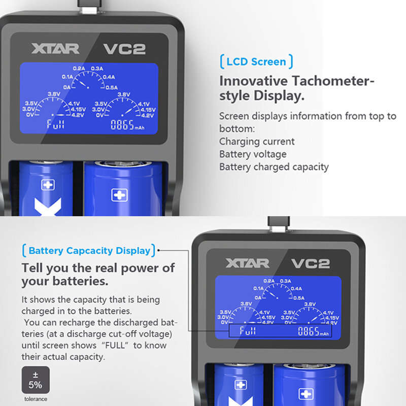 XTAR VC2 18650 Battery Charger Test Batteries Capacity Display USB Charger For 10400-26650 Li-Ion Ba