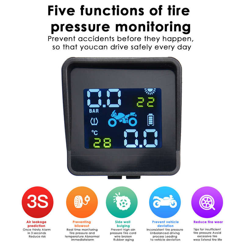 USB Solar Charging Motorcycle TPMS Motor Tire Pressure Tyre Temperature Monitoring Alarm System with